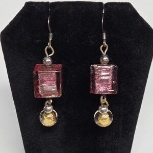 Vintage Silvertone Pink & Gold Foil Art Glass Earrings 2" X 1/2"